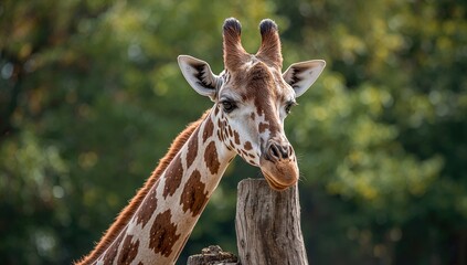 Giraffe at zoo munching on tree stump, wildlife observation, Earth Day