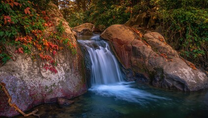 Obraz premium Crimson Stream Against a Backdrop of Verdant Foliage