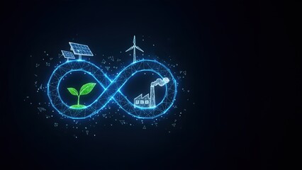 A glowing blue infinity symbol with solar, wind, and leaf icons showing clean energy, sustainable & green manufacturing concept