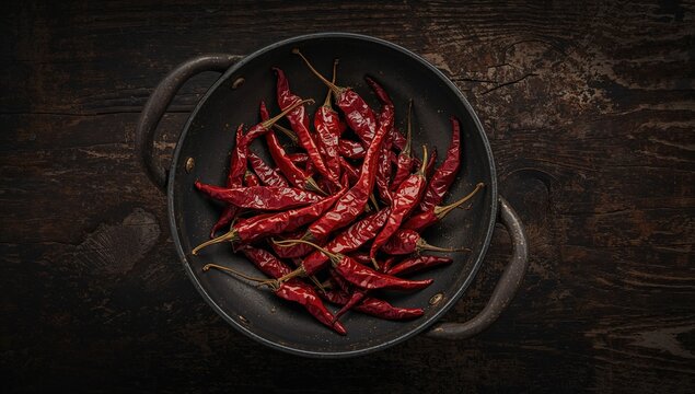 Overhead view of dried spicy red chilies in a black metal pan on a wooden surface, rustic culinary setting. - Powered by Adobe
