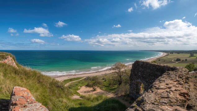 View of the Bornholm coastline from the ruins of a historic castle, preservation