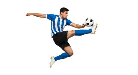 An athlete kicking a soccer ball in mid-air. The image captures the dynamic energy of sports. The person is in a blue and white uniform and is fully focused on the game.
