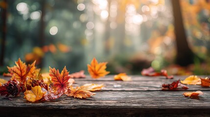 Autumn Leaves on Wooden Surface in a Serene Forest with Soft Sunlight Filtering Through Trees