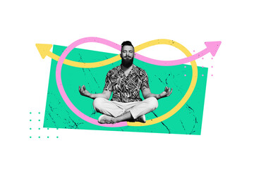 Trend artwork composite banner 3D photo collage of young man sit meditate balance goal startup...