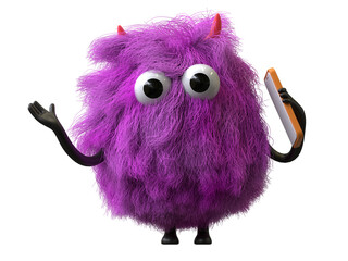 Fluffy, cute monster with a phone, symbolizes tech-savvy assistance. 3D rendering, conceptual image. Isolated on white background. © Jane