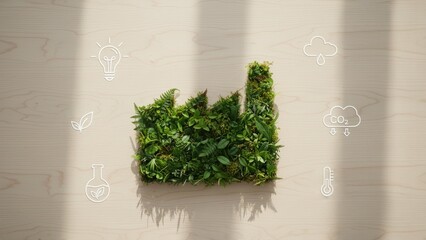 A green leaf factory on wood surface with eco icons showing clean energy and innovation, sustainable & green manufacturing concept