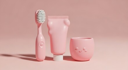 Abstract Pink Dental Hygiene Set: Toothbrush, Toothpaste, and Cup Illustration