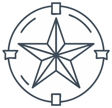 Outline icon of a five pointed star in a circle symbol for compass navigation or western badge