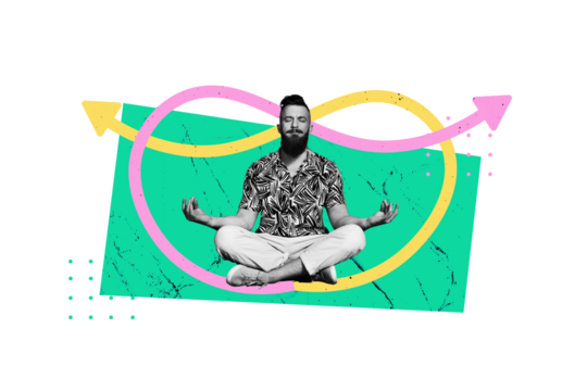 Trend artwork composite banner 3D photo collage of young man sit meditate balance goal startup point trader strategy development arrow