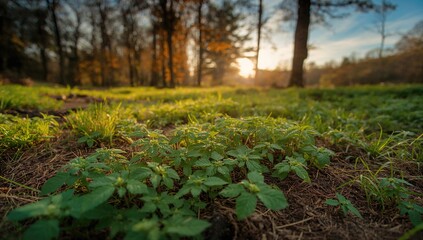 Abundant green nettle plants sprouting from the forest floor with a blurred background