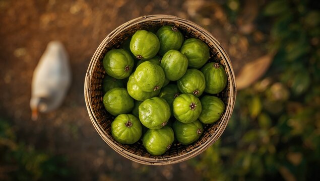 Top view of emblica amla fruit in a bamboo basket, fiber-dense choice