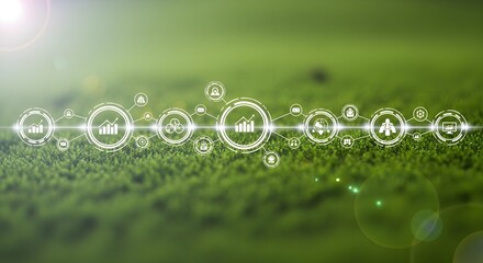 Digital network overlay on green field with icons