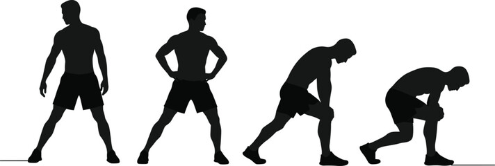 Silhouette fitness poses, stretching exercise recovery, athlete cool down positions, sports training illustration, workout body posture, active lifestyle concept, 