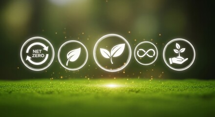 Glowing eco friendly icons representing sustainability and growth on a green background