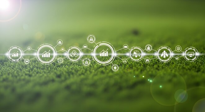 Digital network overlay on green field with icons - Powered by Adobe