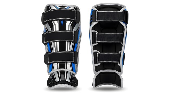 Pair of shin guards are shown, with a view from the front
