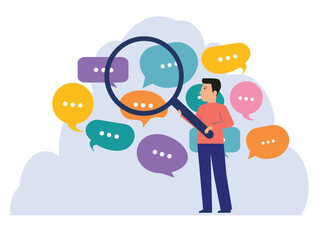 Social listening and market research concept. A man with a magnifying glass analyzing customer feedback from comments and speech bubbles.