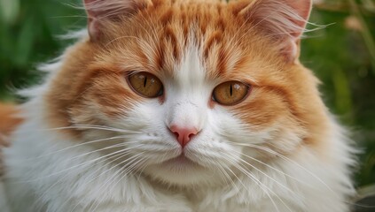 Detailed view of a soft and fluffy adult cat coat in white and golden hues