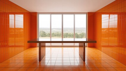 Modern dining area featuring orange tiled walls and a large window showcasing an outside view