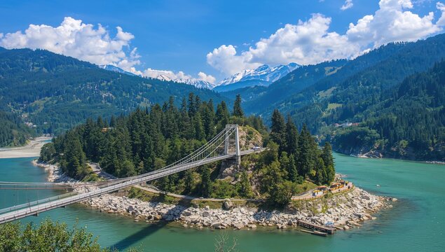 Beautiful island with hanging bridge, scenic view, travel adventure