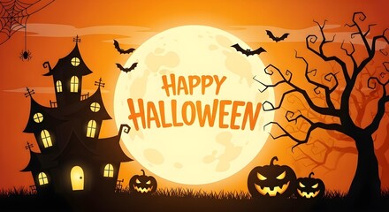 Spooky halloween night scene with haunted house and jack o lanterns