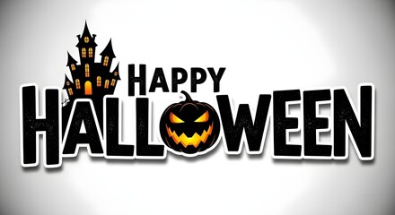 Happy halloween text with spooky castle and jack o lantern