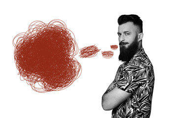 Creative collage picture young man speech textbox drawing doodles mess chaos psychoanalysis...