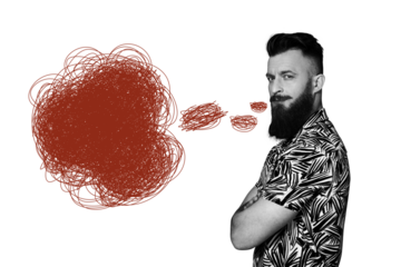 Creative collage picture young man speech textbox drawing doodles mess chaos psychoanalysis overthinker minded psychotherapy