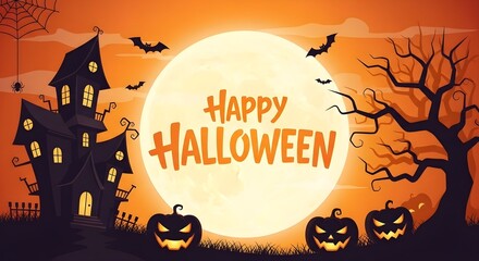 Spooky halloween scene with haunted house pumpkins and full moon