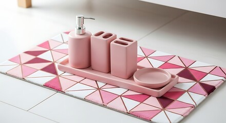 Pink Bathroom Accessories Set on Geometric Patterned Mat Near White Tile Floor