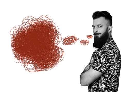 Creative collage picture young man speech textbox drawing doodles mess chaos psychoanalysis overthinker minded psychotherapy