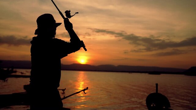A fisherman enjoys peaceful sunset fishing on a quiet lake, casting his line into the calm water.