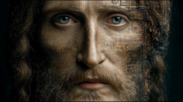 The face of Jesus Christ morphing from an ancient fresco style into a high definition mesh data structure and back a smooth dynamic transition shot a commentary on faith and technology a religious mul