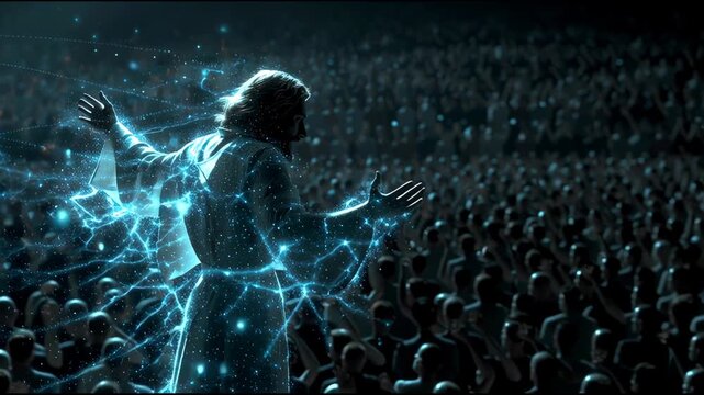 Low angle shot of the savior addressing a vast crowd represented by thousands of tiny interconnected glowing data points symbolizing humanity a powerful evangelical theme the light sources flicker wit