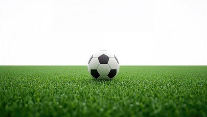 Fototapeta premium White backdrop featuring a football, pitch, and natural green turf