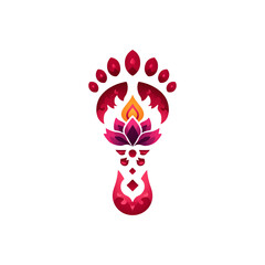 An artistic representation of a lotus flower and flame inside a footprint, symbolizing spirituality and enlightenment.