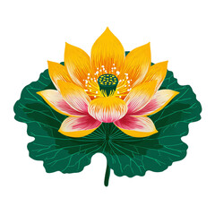 A vibrant yellow lotus flower blooms gracefully atop a lush green leaf, symbolizing beauty and tranquility in nature.