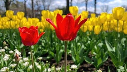 Obraz premium Numerous yellow tulips with red tulips in the foreground