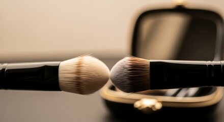Makeup Brushes Closeup Black Handles and Beauty Case