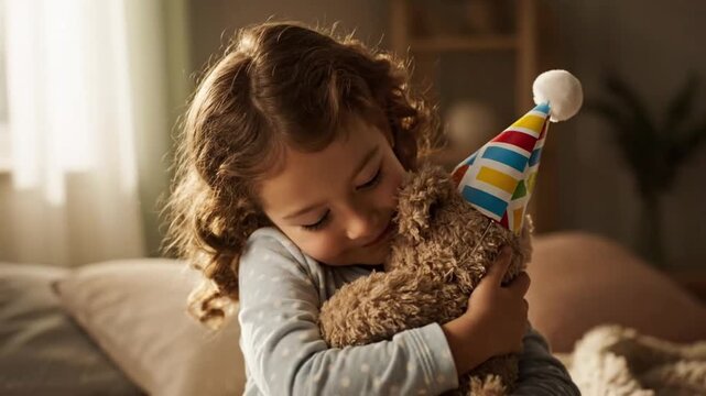 A happy little girl with curly hair affectionately hugs her teddy bear wearing a party hat.