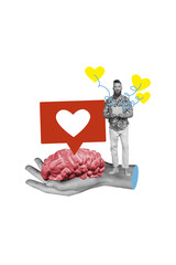 Vertical poster collage young man blogger social media influencer textbox icon brainstorming 3d...