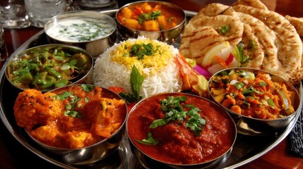 Colorful Indian Cuisine Platter with Variety of Dishes including Curry, Rice, Bread, and Raita on Metal Tray