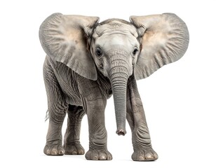 Fototapeta premium Adorable baby elephant facing forward, grey skin, large ears, against a clean white backdrop