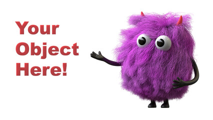 Fluffy, cute monster presents a space for "Your Object Here!" 3D rendering, promotional image. Isolated on white background.