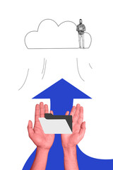 Vertical art banner collage of happy freelancer man hold tablet stand clod storage download file...