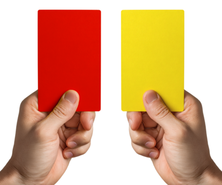 Close-up PNG image of a referee’s hand holding red and yellow cards, isolated on a transparent background. Perfect for sports design, football match graphics, referee concept art, or fair play illustr