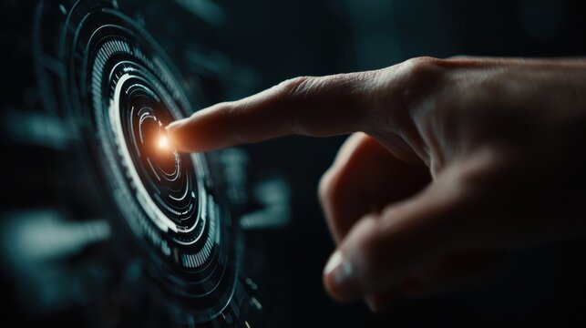 Futuristic User Interface Interaction with Finger Touching a Digital Control Panel Displaying Glowing Elements and Circular Patterns