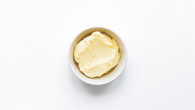 Bakery margarine in a small white bowl, isolated on white background, suitable for baking applications