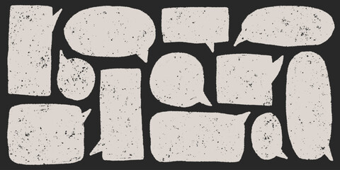 Charming geometric chat frames with grainy edges and soft crayon scribbles, hand drawn speech bubbles in text box chalkboard style, subtle dust and vintage feel.