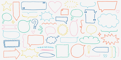 Cute kids color borders in sketch style, bright speech balloons, text box chalkboard details with naive dreamy doodles and playful charm.